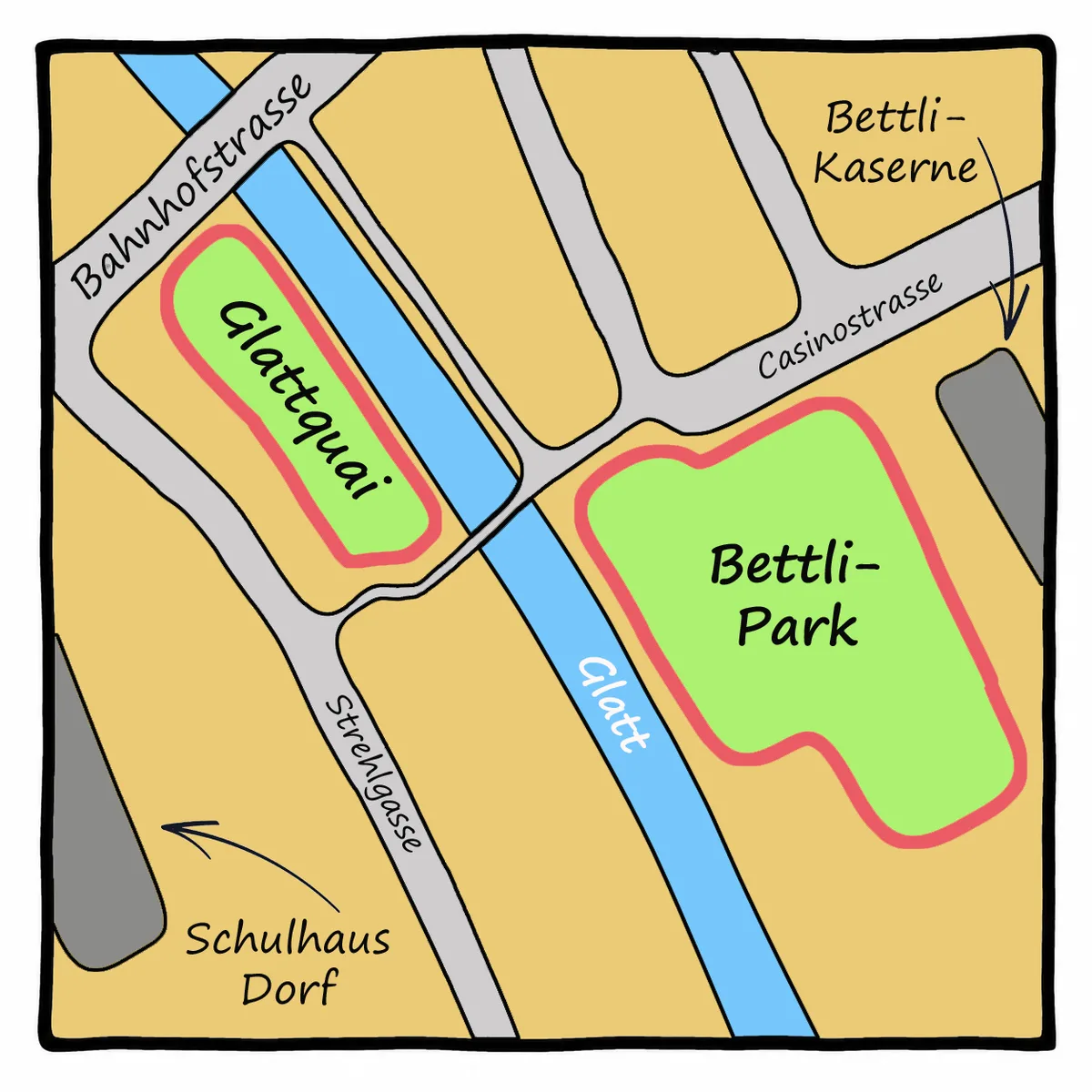 Hier befinden sich der Glattquai und der Bettlipark. Eine gezeichnete Karte als Situationsplan für einen Park.